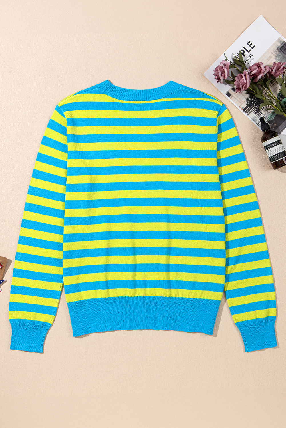 Green Stripe Crew Neck Drop Shoulder Casual Sweater - loveforevers