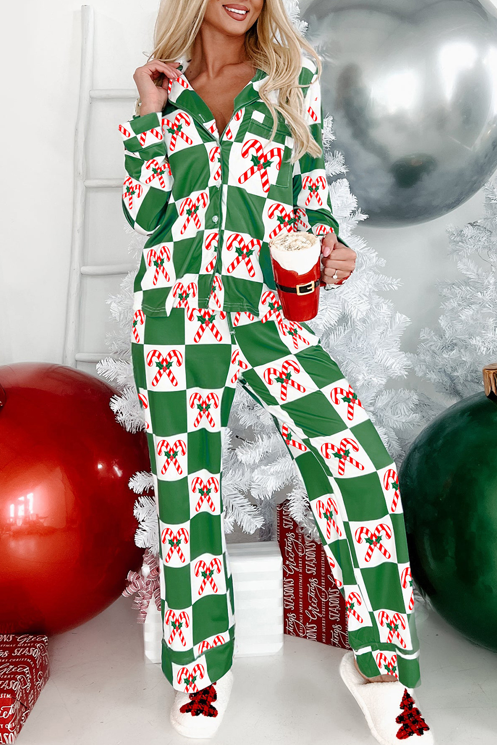 Green Holly Jolly Checkered Pattern 2pcs Long Pajama Set - loveforevers