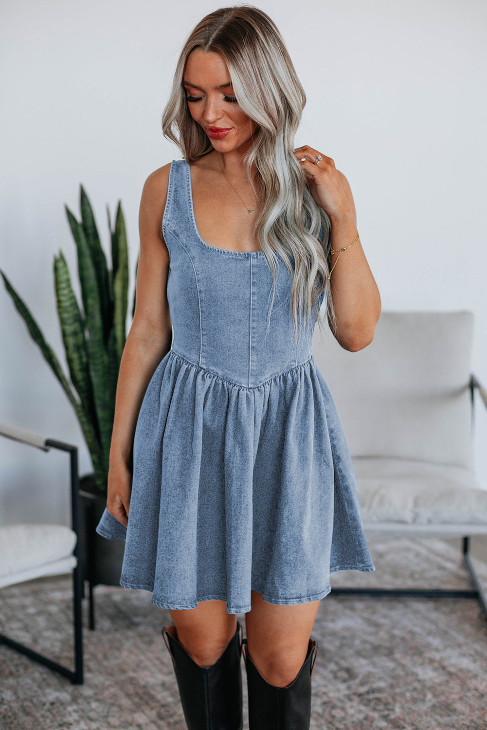 Myosotis Square Neck Bowknot A-line Sleeveless Denim Dress - loveforevers