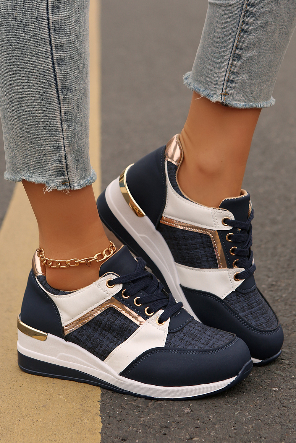 Blackish Green Glitter Patched Lace-up Wedge Sneakers - loveforevers