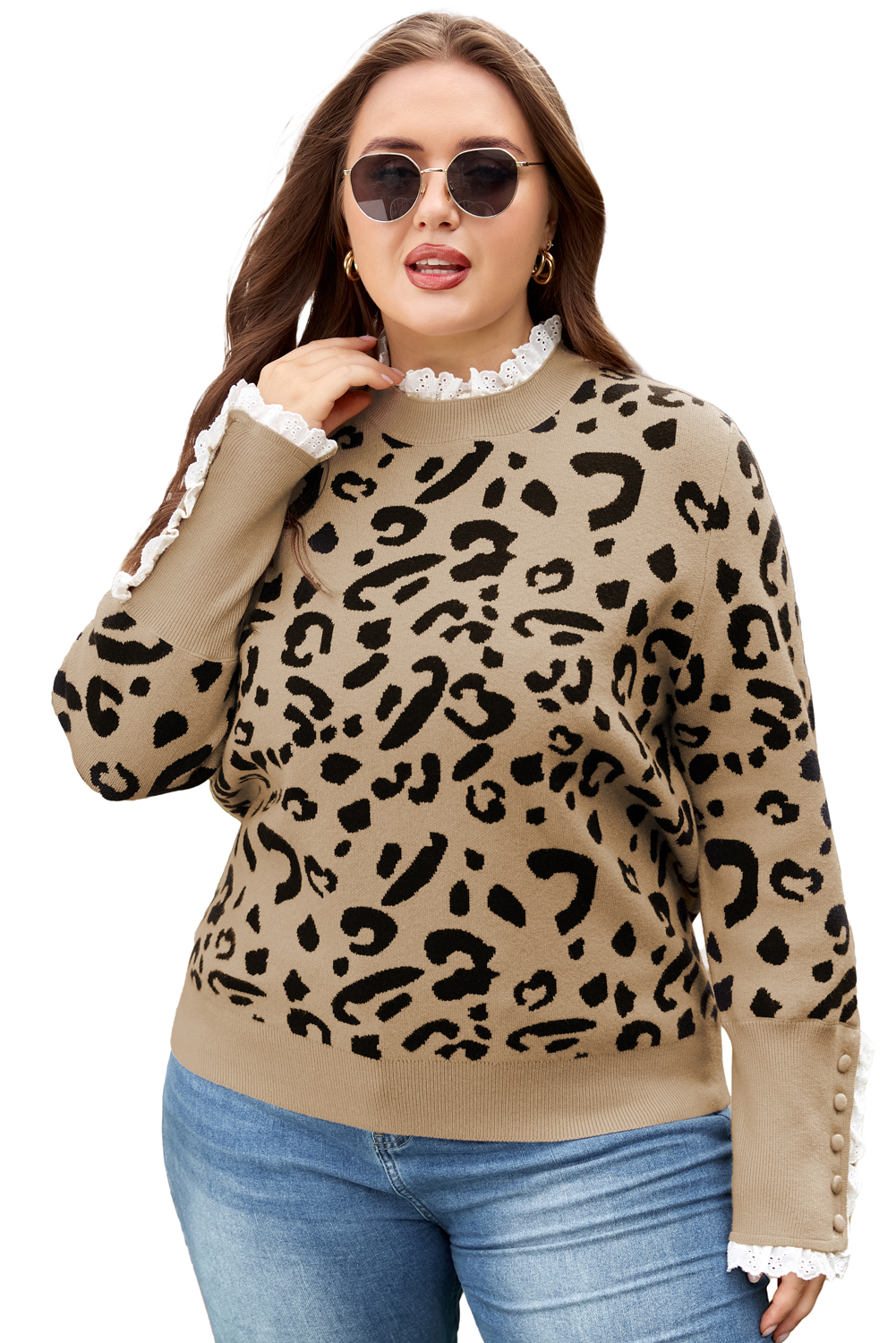 Dearlovers Brown Leopard Pattern Lace Ribbed Detail Button Cuffed Sweater - loveforevers