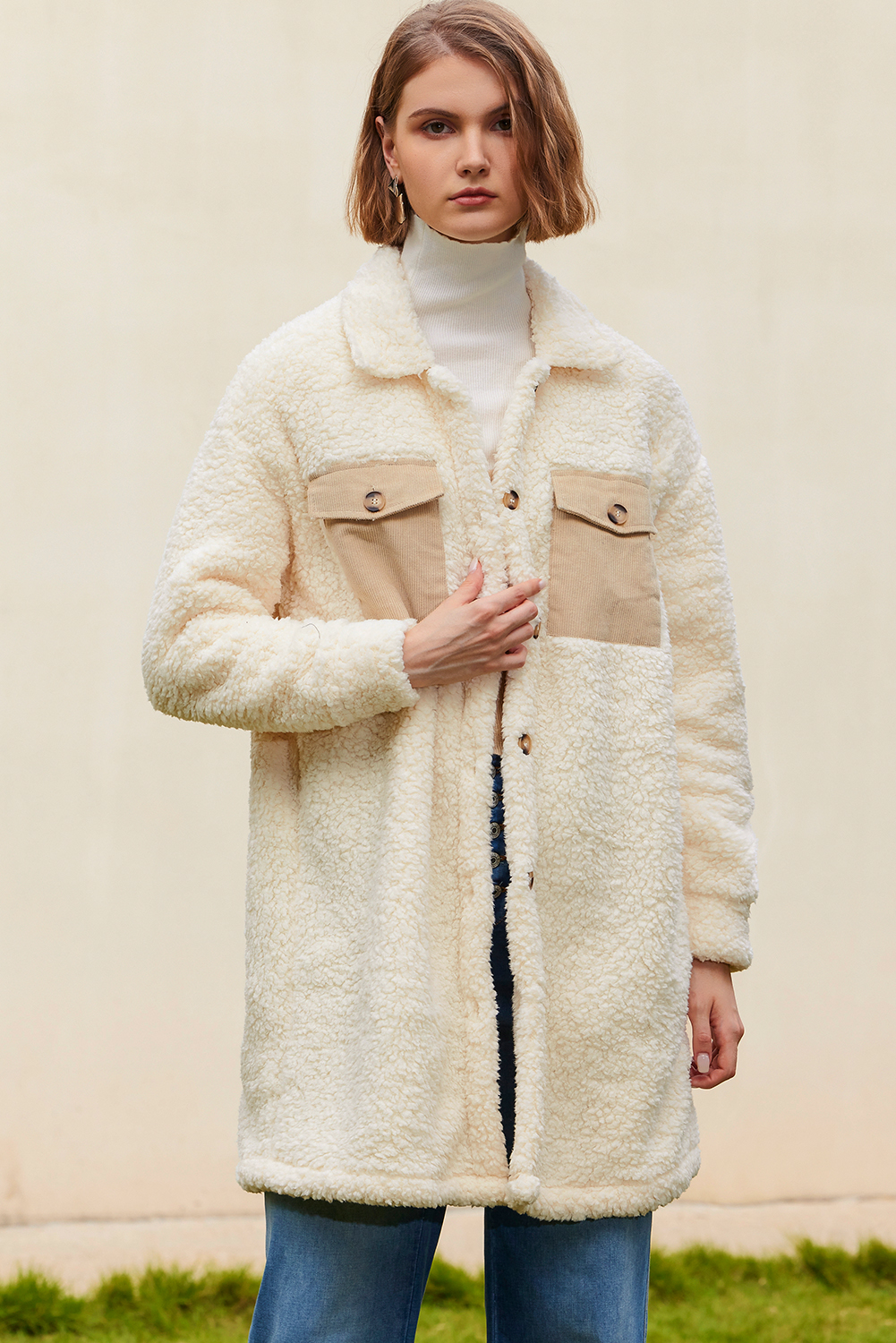 Beige Contrast Flap Pocket Single Breasted Teddy Coat - loveforevers