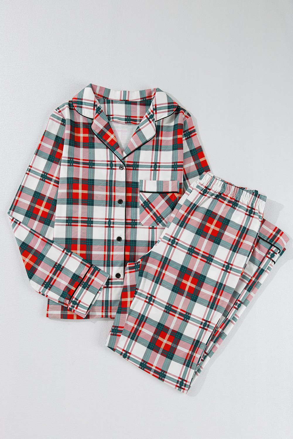 Red Christmas Plaid Print Two Piece Long Sleeve Pajamas Set - loveforevers