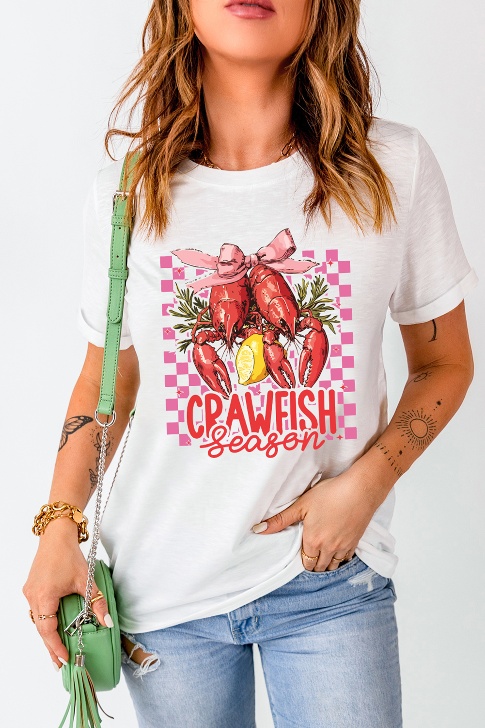 White Checkerboard Bow Crawfish Season Printed Crewneck T Shirt - loveforevers