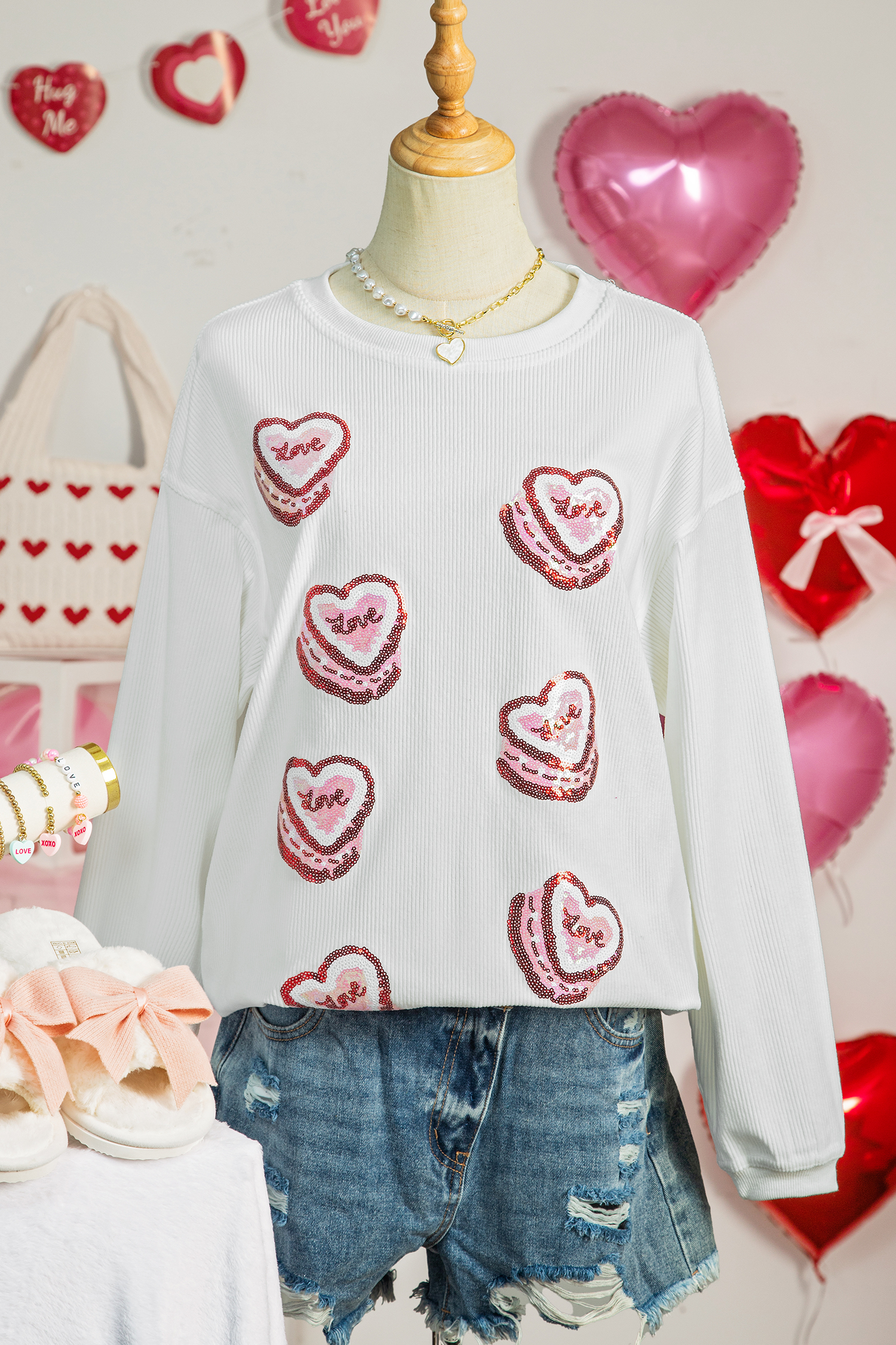 White Sequin Love Heart Pattern Corded Valentines Sweatshirt - loveforevers