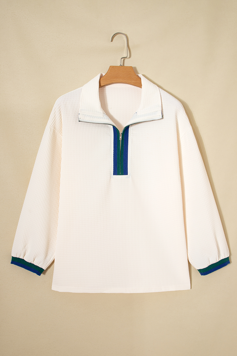 White Waffle Textured Contrast Polo Neck Zip up Jumper - loveforevers