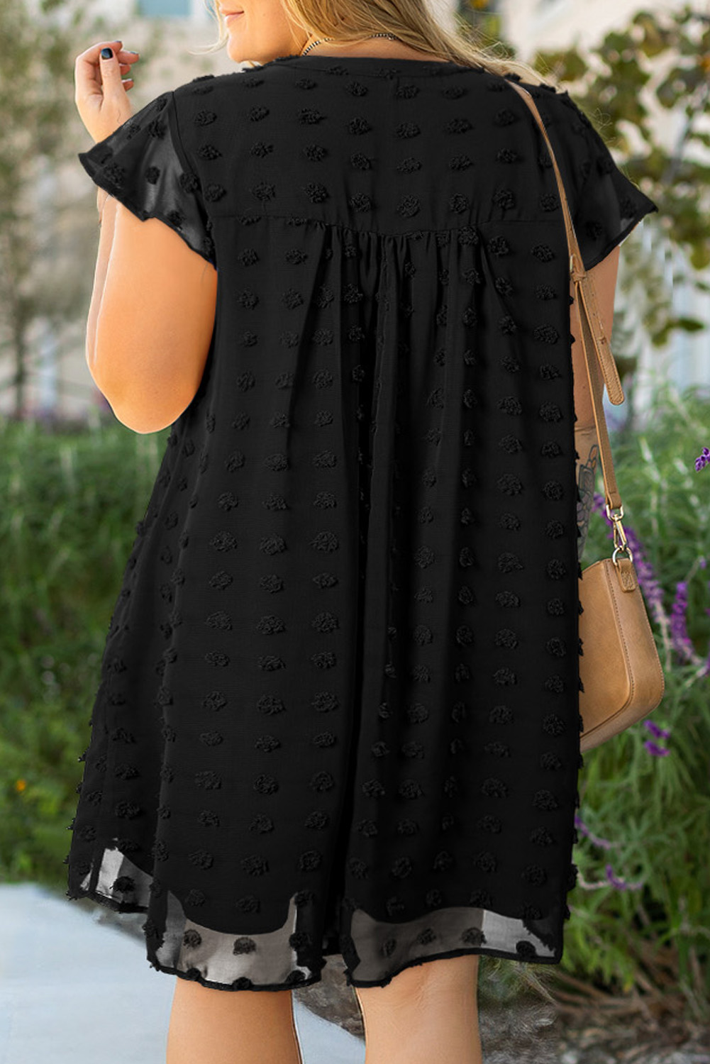 Black Dotty Textured Notched Neck Plus Ruffled Dress - loveforevers