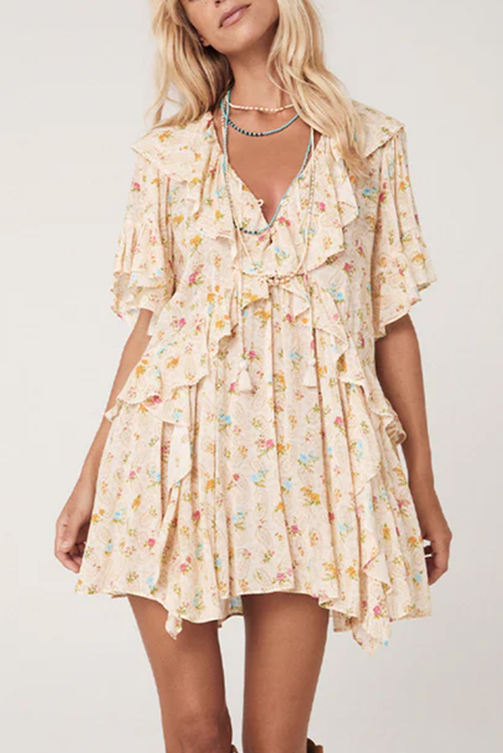 Apricot Boho Floral Tassel Tie V Neck Ruffle Wide Sleeve Mini Dress - loveforevers