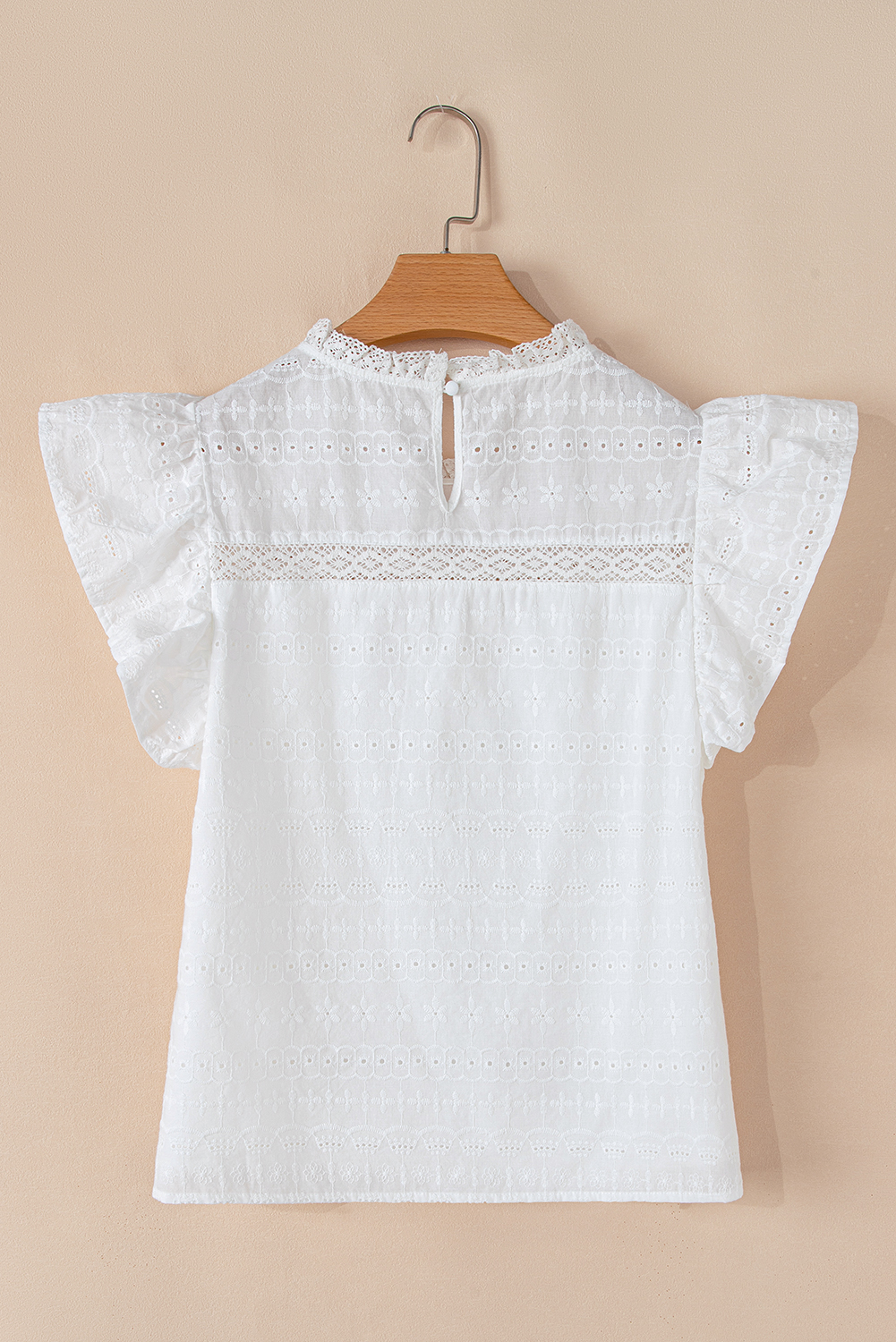 White Lace Neckline Flutter Sleeve Eyelets Blouse - loveforevers