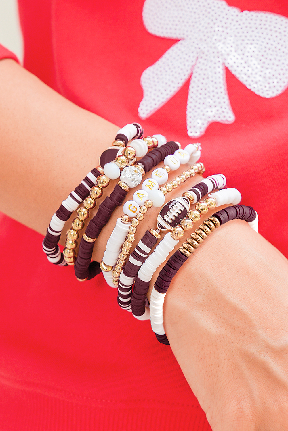 Chestnut Game Day 8pcs Stackable Football Beaded Charm Bracelet Set - loveforevers