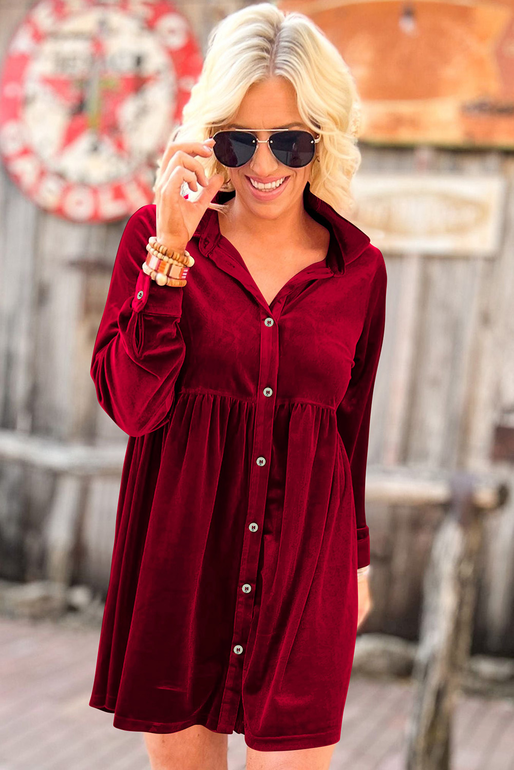 Fiery Red Long Sleeve Ruffle Velvet Button Up Dress - loveforevers