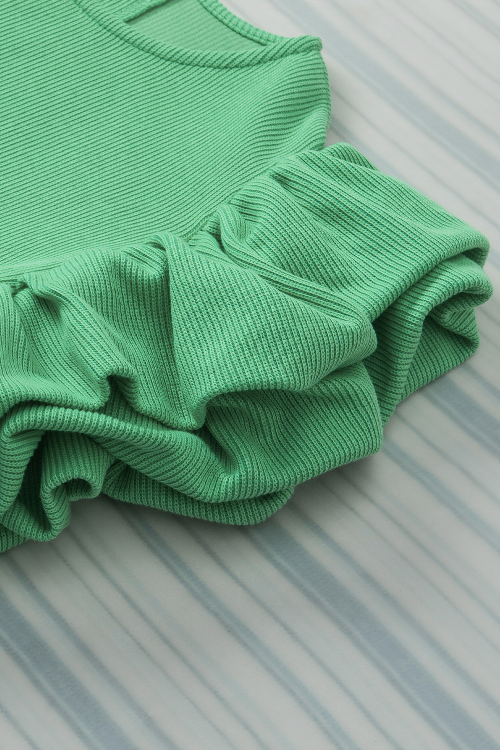 Green Ribbed Knit Puffy Ruffle Sleeve Blouse - loveforevers