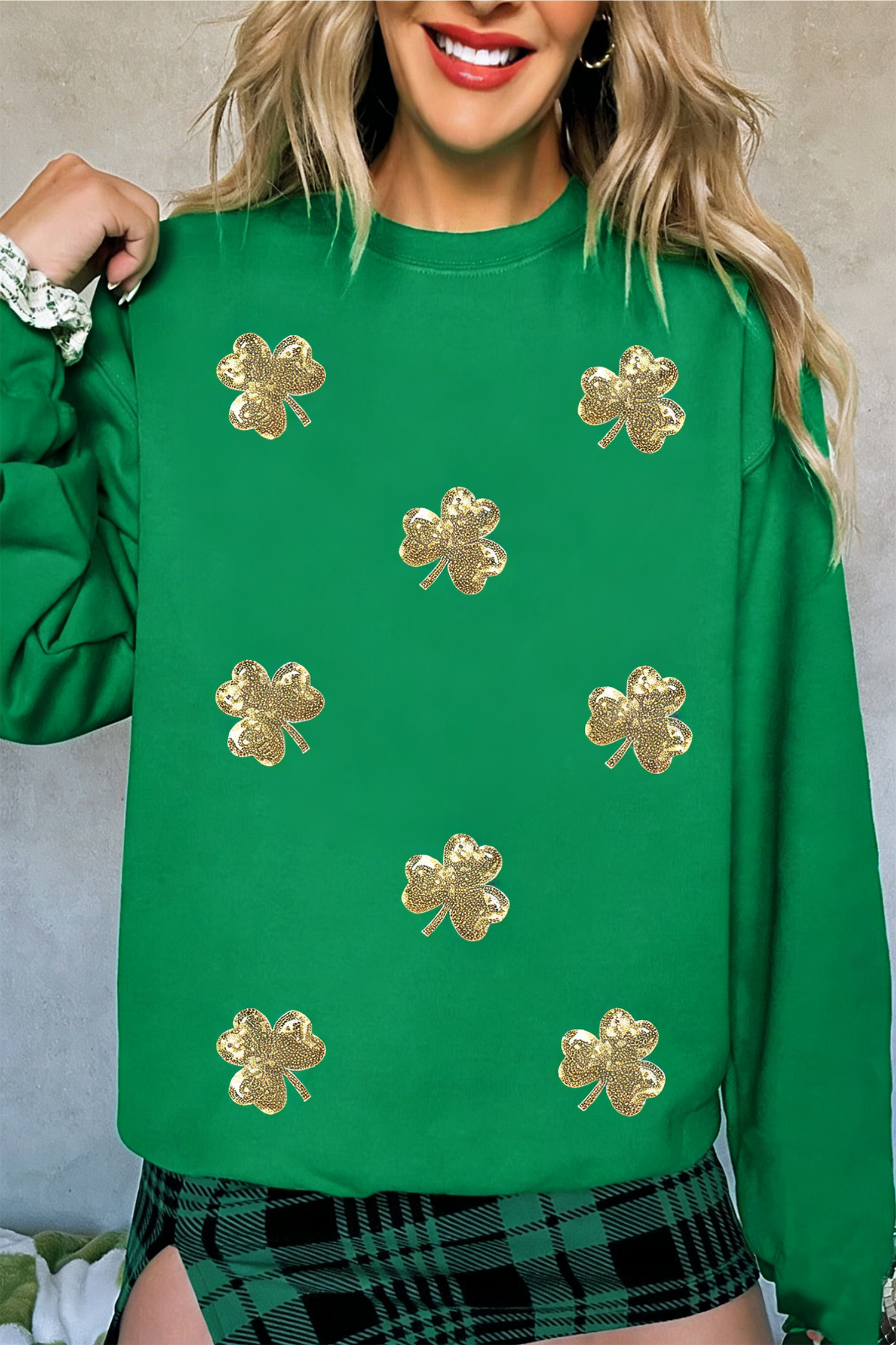 Dark Green Sequin Shamrock Irish Festive Graphic Sweatshirt - loveforevers