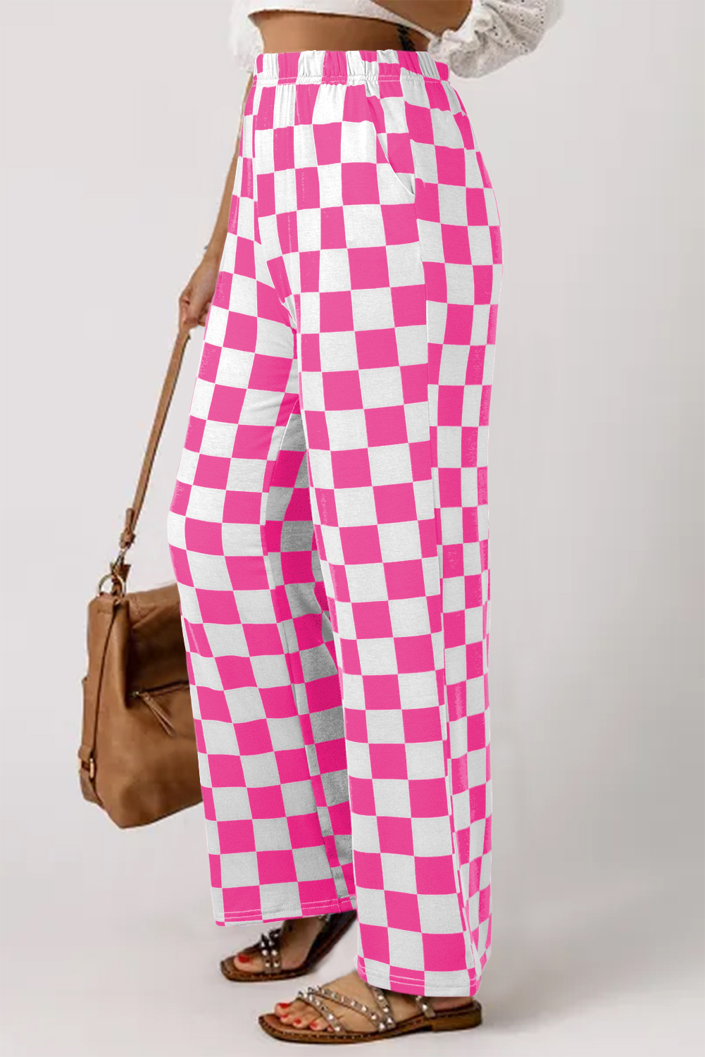 Black 2-Tone Checked Print High Waist Wide Leg Pants - loveforevers