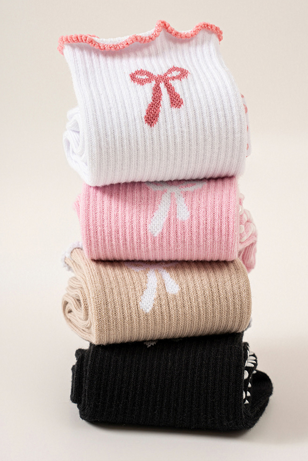 White Bow Print Non-Slip Ruffle Grip Socks - loveforevers