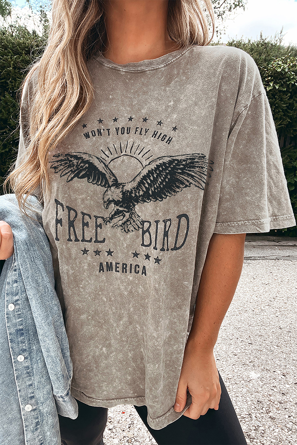 Parchment AMERICA FREE BIRD Vintage Graphic Mineral Washed Tee - loveforevers