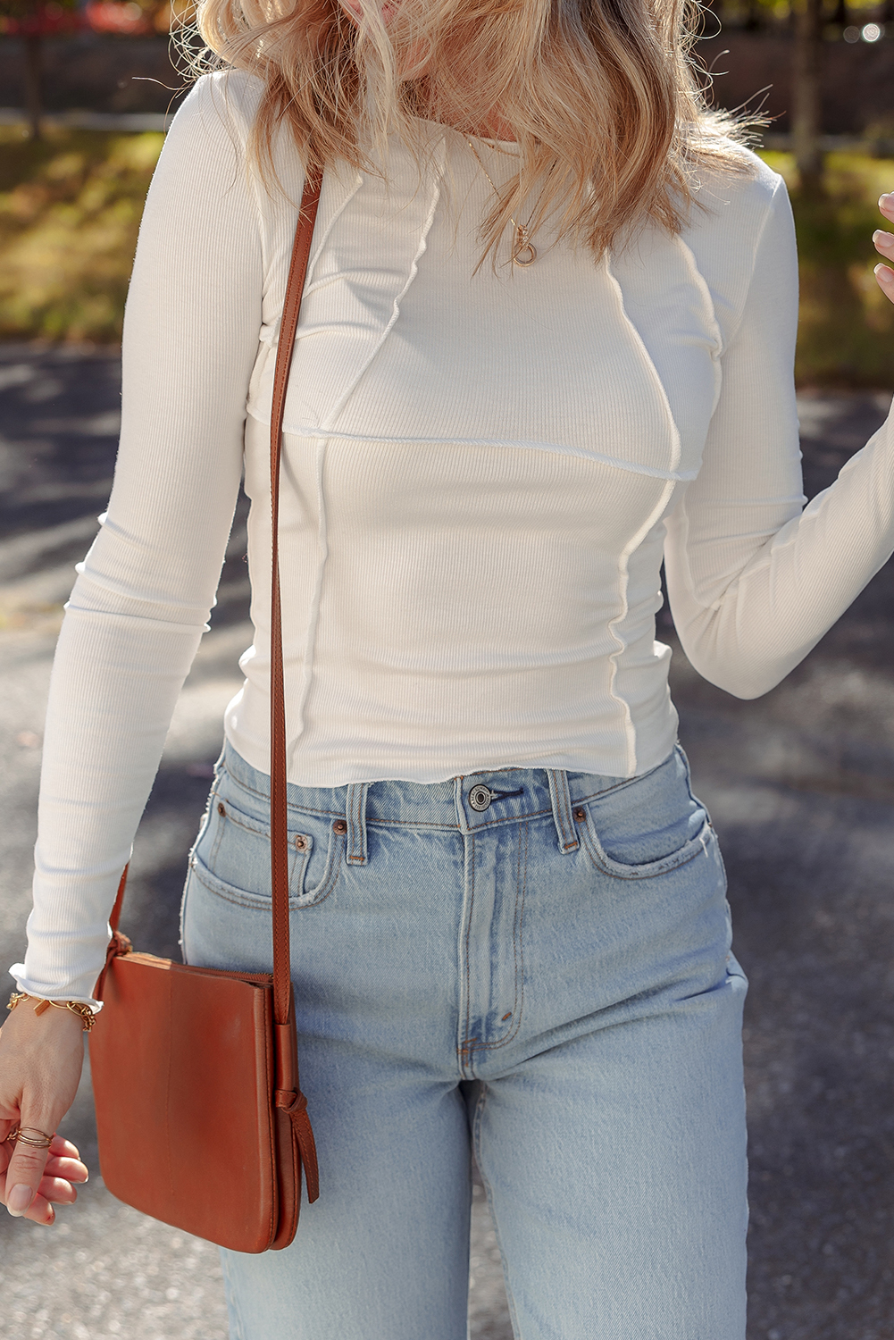 White Exposed Seam Ribbed Knit Slim Fit Long Sleeve Top - loveforevers