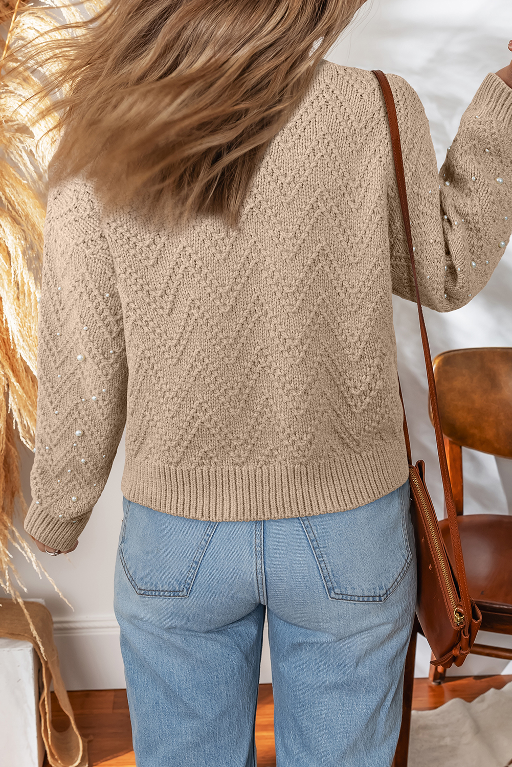 Smoke Gray Pearl Embellished Button Front V Neck Sweater Cardigan - loveforevers