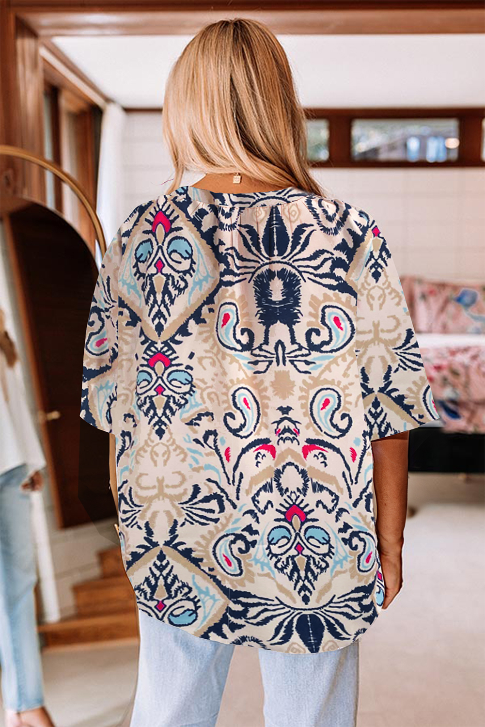White Abstract Printed Notched V Neck Split Half Sleeve Blouse - loveforevers