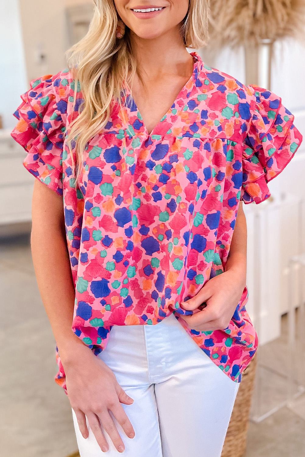 Rose Red Abstract Print Ruffled Sleeve V Neck Blouse - loveforevers