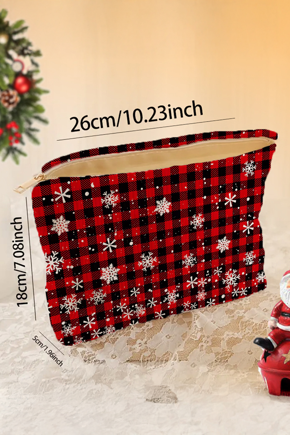 Fiery Red Plaid Christmas Snowflake Print Cosmetic Bag - loveforevers