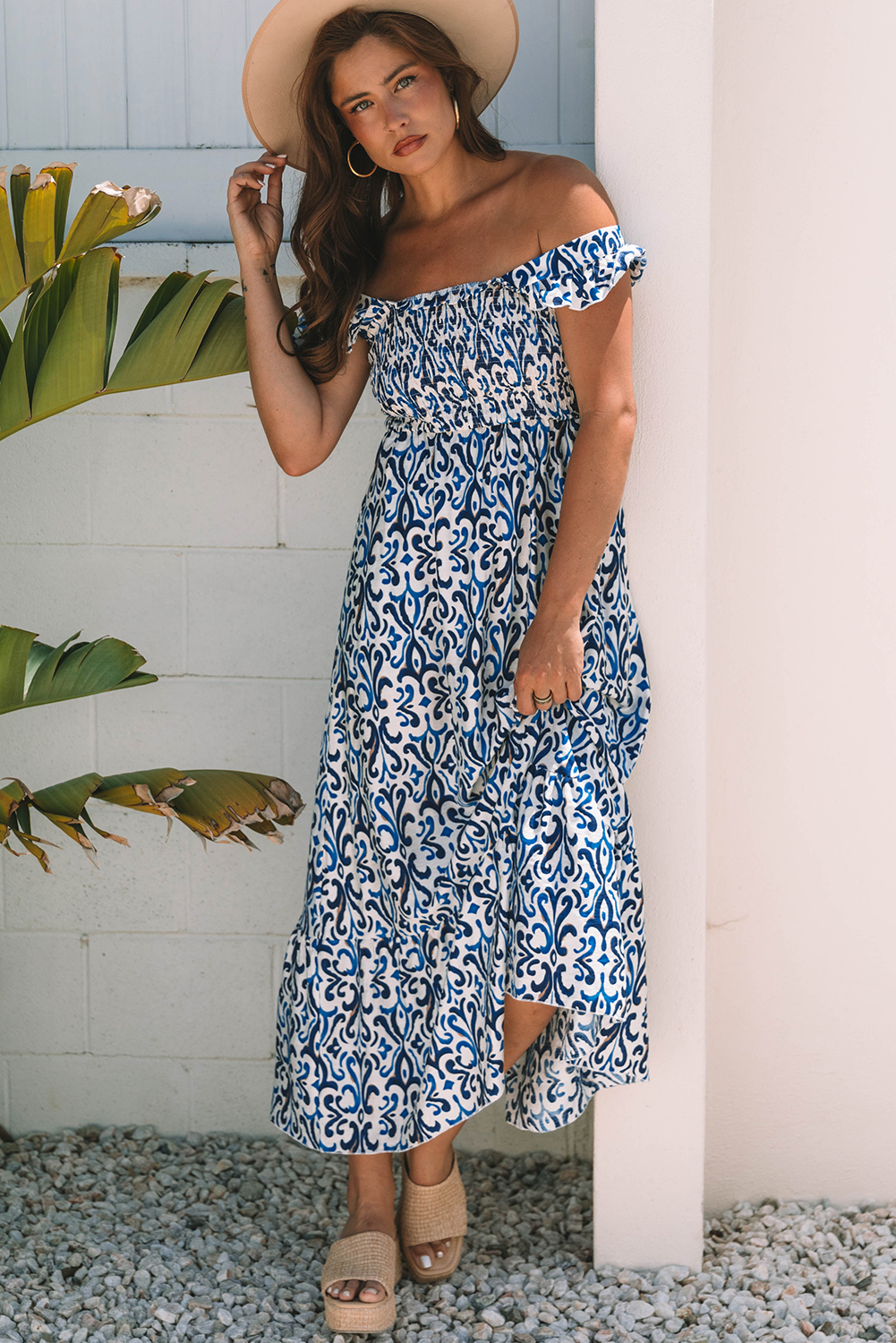 Sky Blue Boho Print Smocked High Waist Maxi Dress - loveforevers