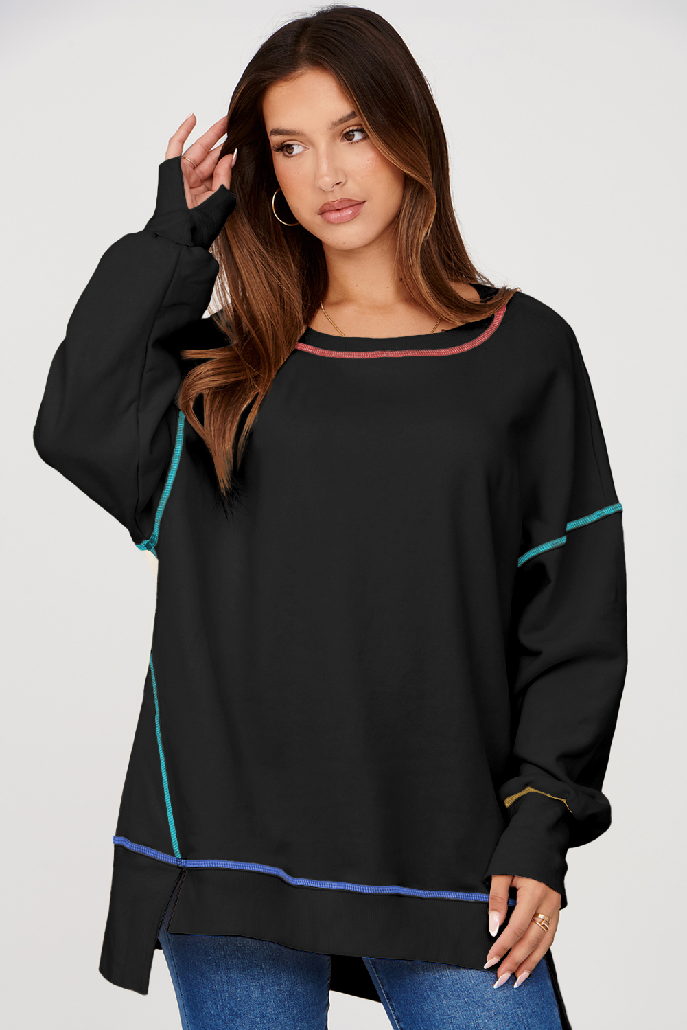 Contrast Stitching Split Baggy Sweatshirt - loveforevers