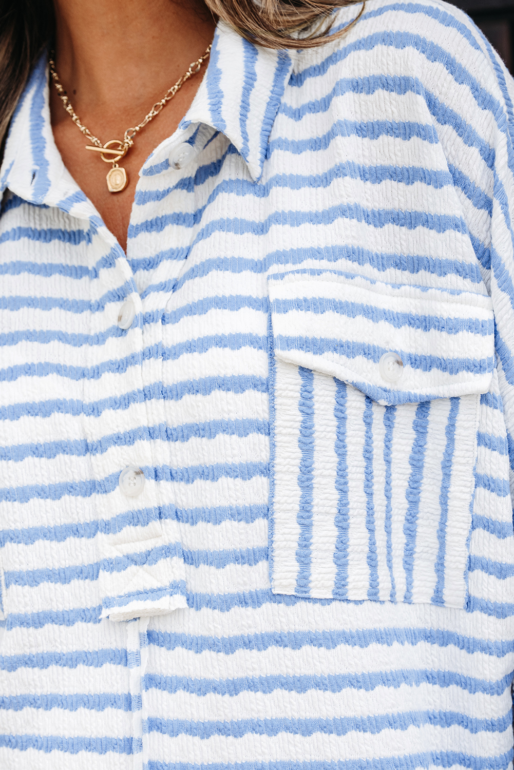 Sky Blue Stripe Half Button Collared Chest Pockets Loose Fit Blouse - loveforevers