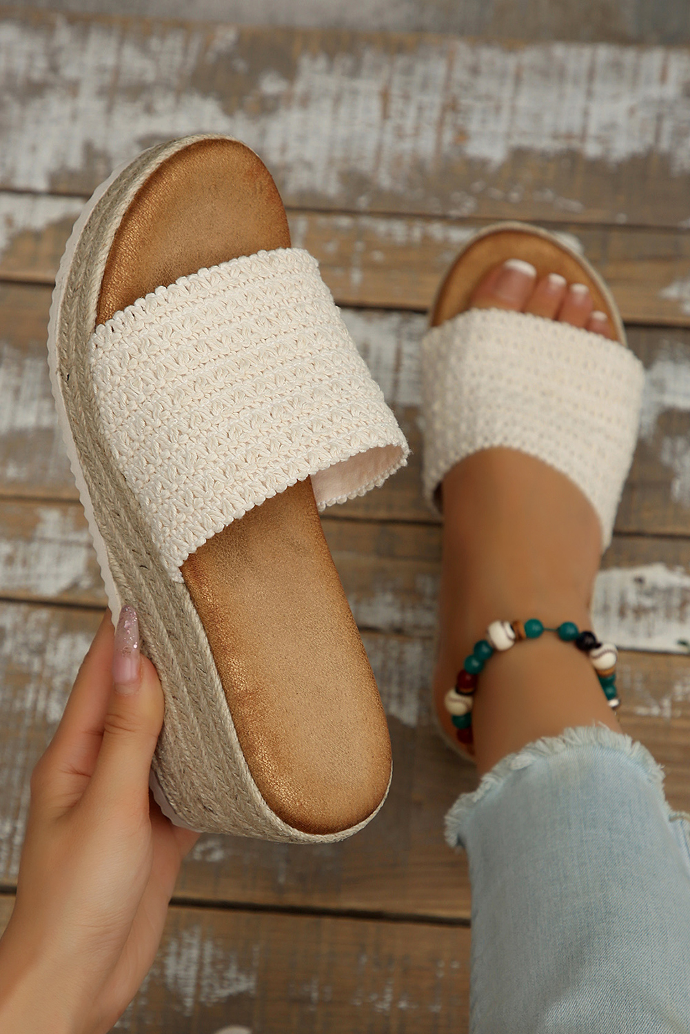 White Woven Wide Band Platform Slippers - loveforevers