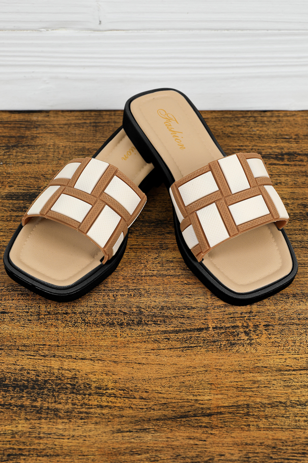 Beige Two Tone Contrast PU Leather Square Toe Slippers - loveforevers