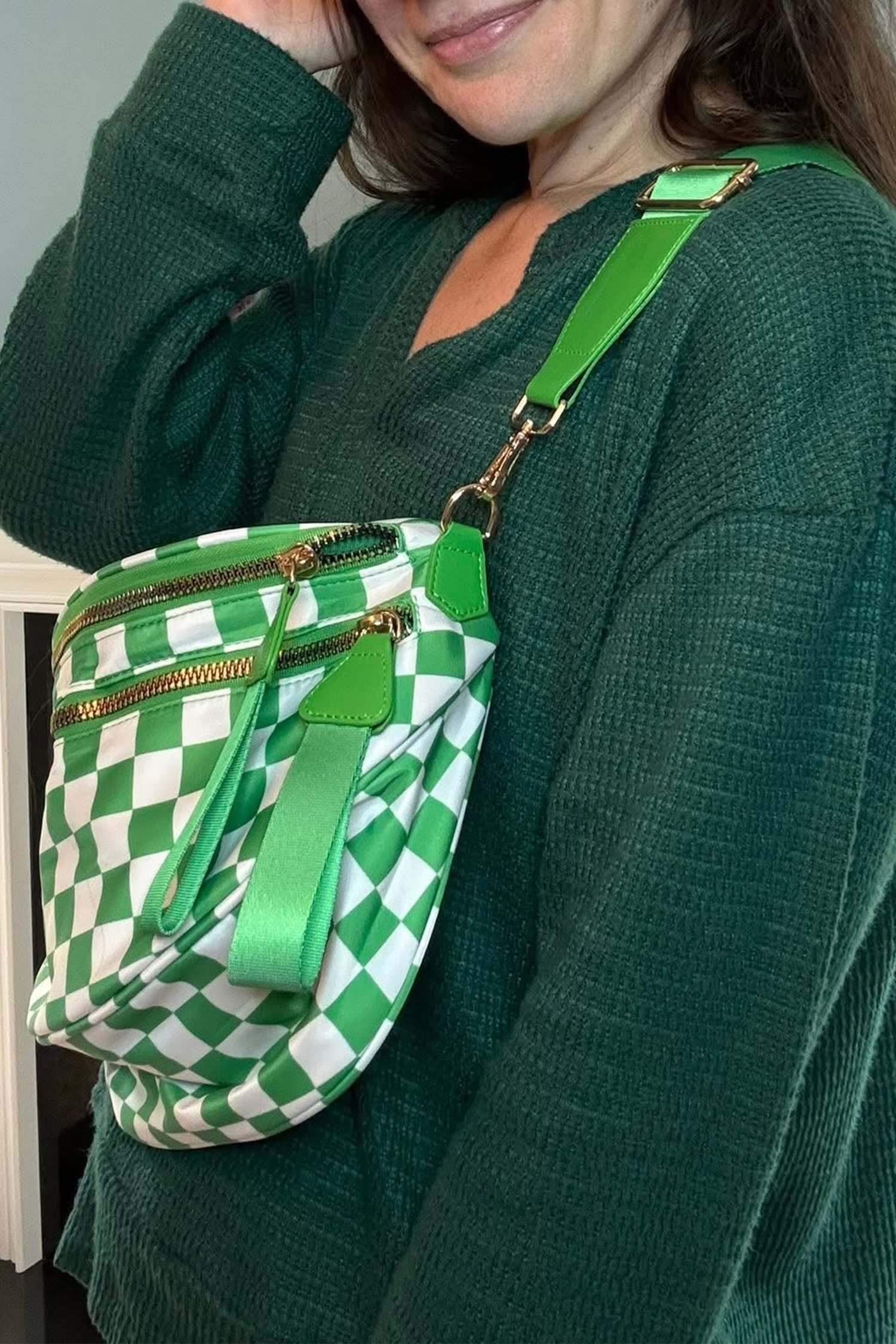 Jungle Green Double Zip Crescent Shape Adjustable Sling Bag - loveforevers