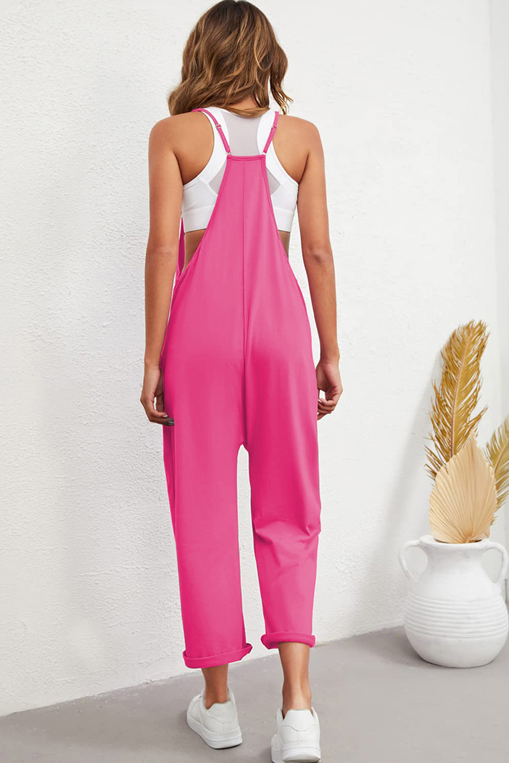 Rose Red Black Pocketed Adjustable Spaghetti Strap Straight Leg Jumpsuit - loveforevers