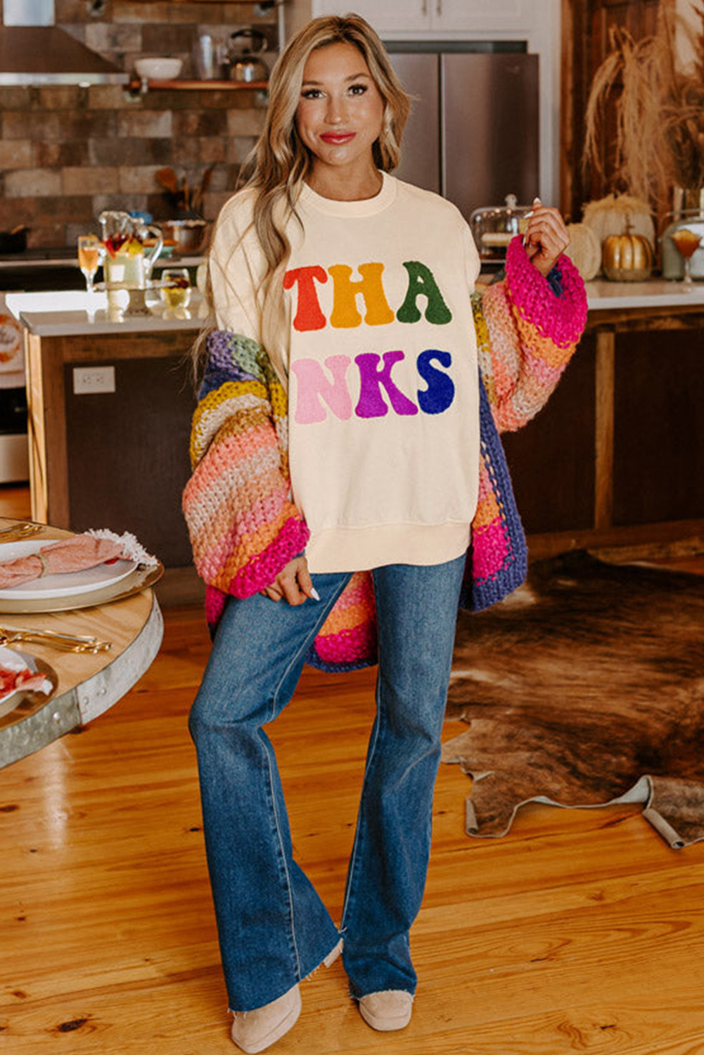 Apricot THANKS Chenille Embroidered Drop Shoulder Graphic Sweatshirt - loveforevers