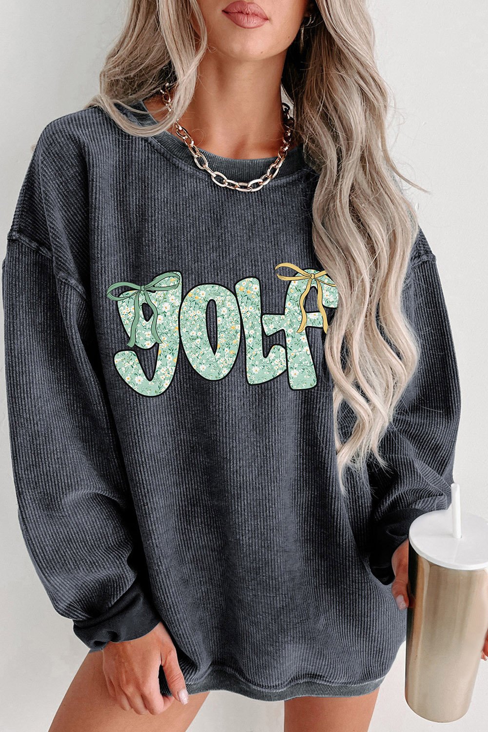 Gray Twisted Ribbed Floral GOLF Letter Bow Printed Sweatshirt - loveforevers