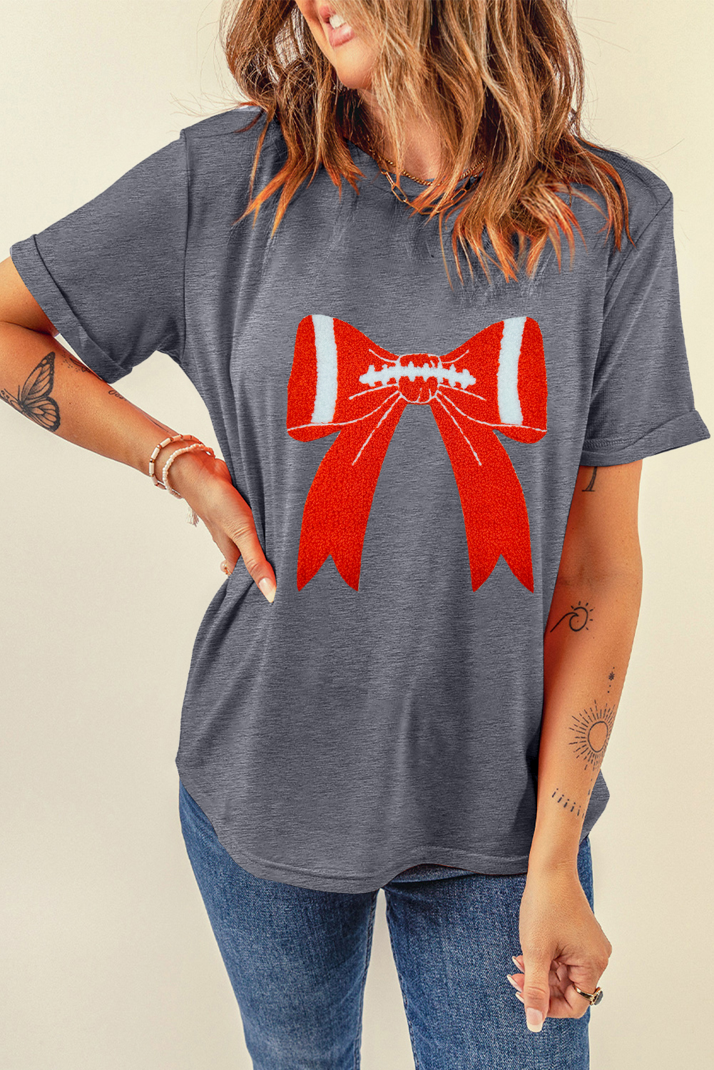 Gray Contrast Bowknot Game Day Graphic Tee - loveforevers
