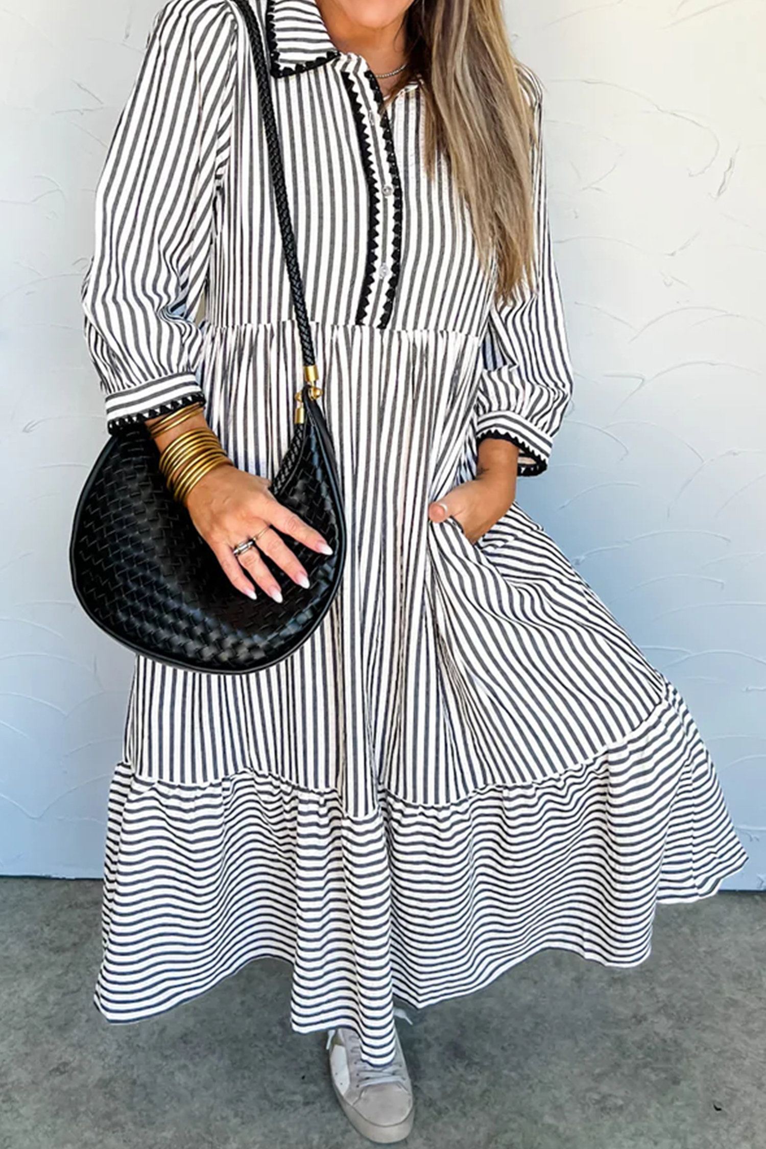 Black Stripe Scallop Trim Shirt Collar Half Button 3/4 Sleeve Long Dress - loveforevers