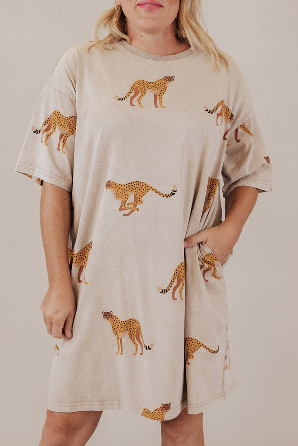 Apricot Plus Size Cheetah Print Side Pockets T Shirt Mini Dress - loveforevers