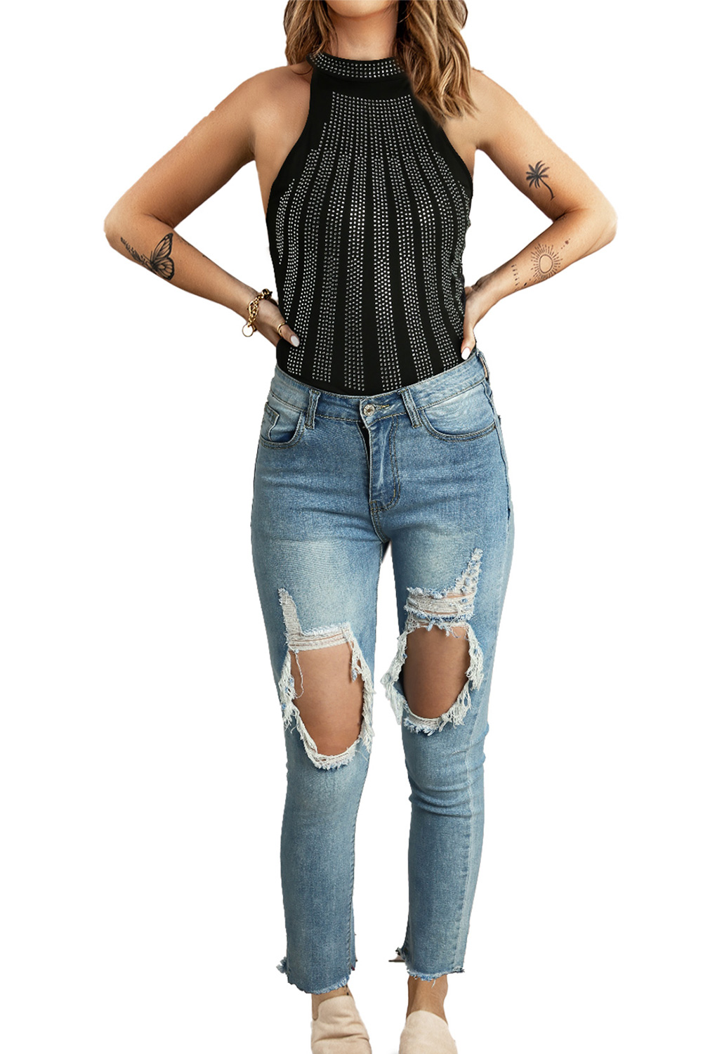 Black High Neck Sleeveless Diamante Bodysuit - loveforevers