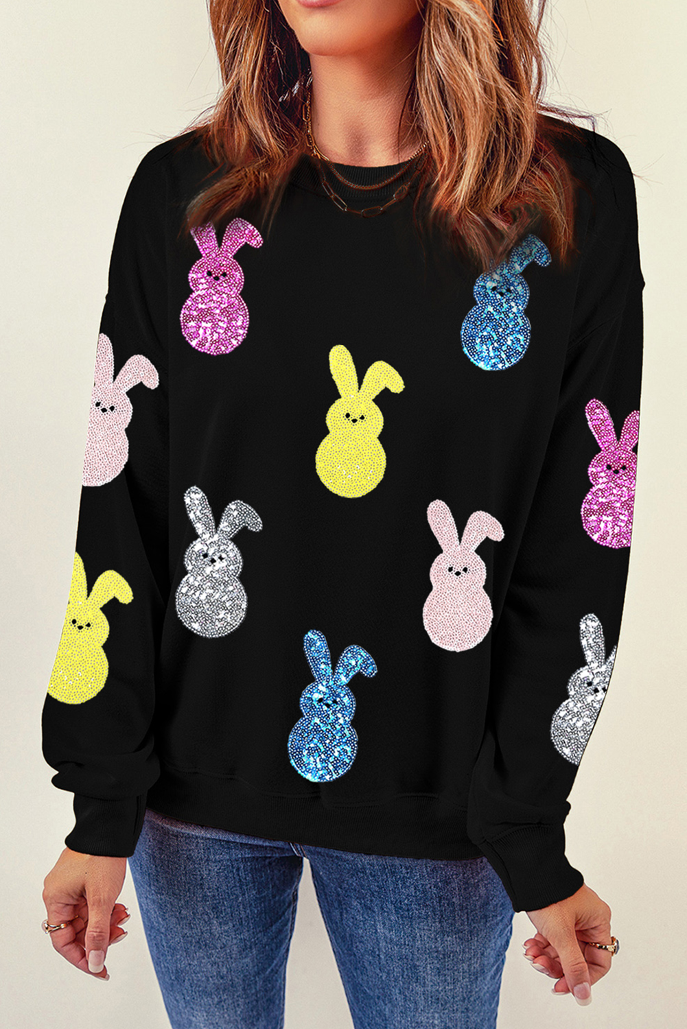Black Sequin Bunny Doll Graphic Drop Shoulder Sweatshirt - loveforevers
