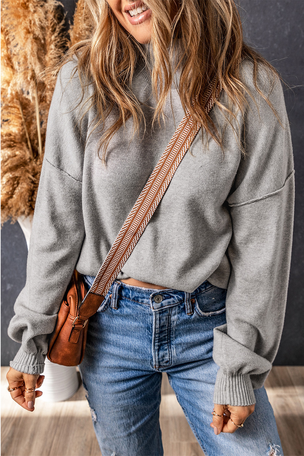 Gray Turtleneck Drop Shoulder Bubble Sleeve Knit Sweater - loveforevers