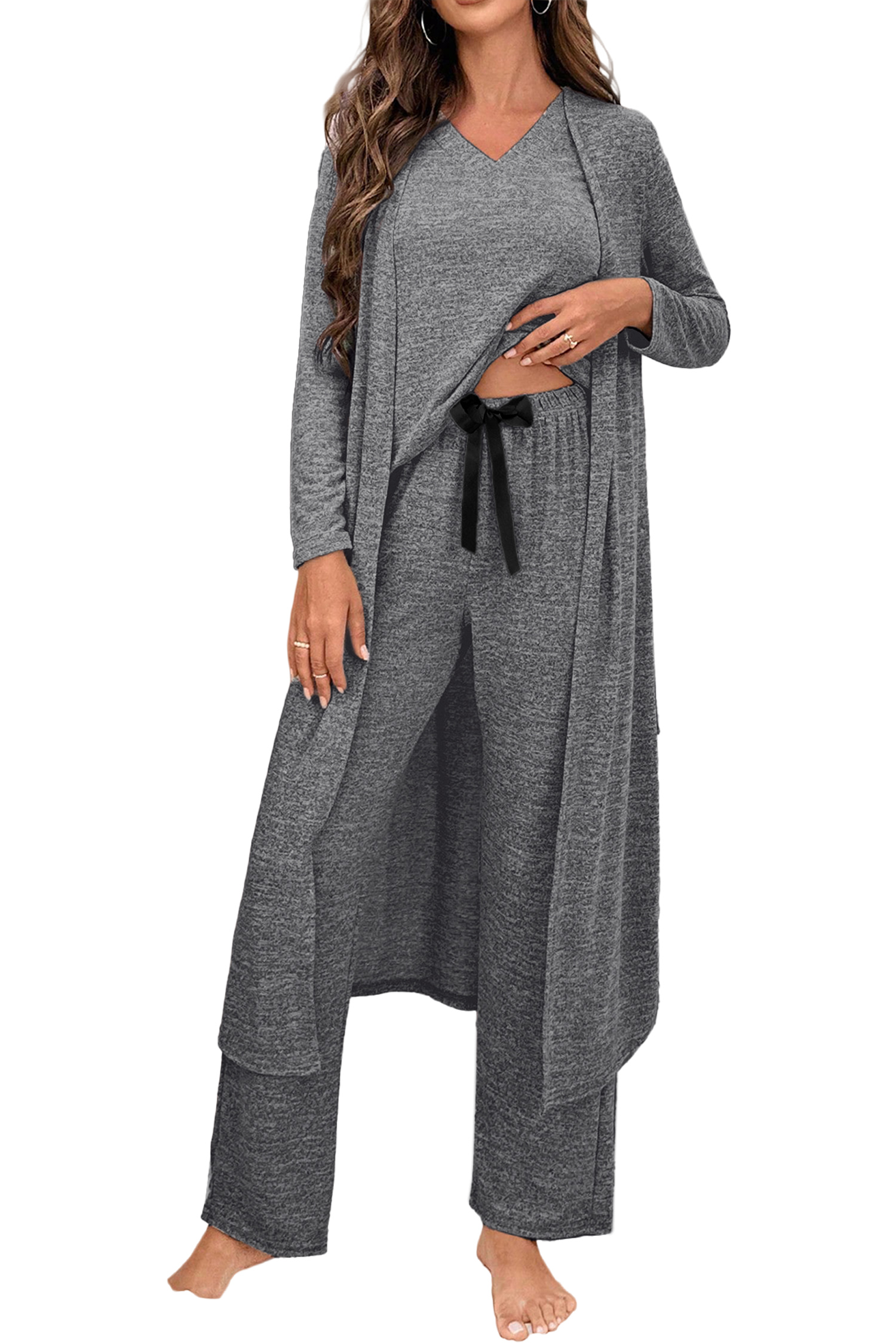 Delicacy 3pcs V Neck T Shirt Ribbon Knot Pants Open Duster 3pcs Lounge Set - loveforevers