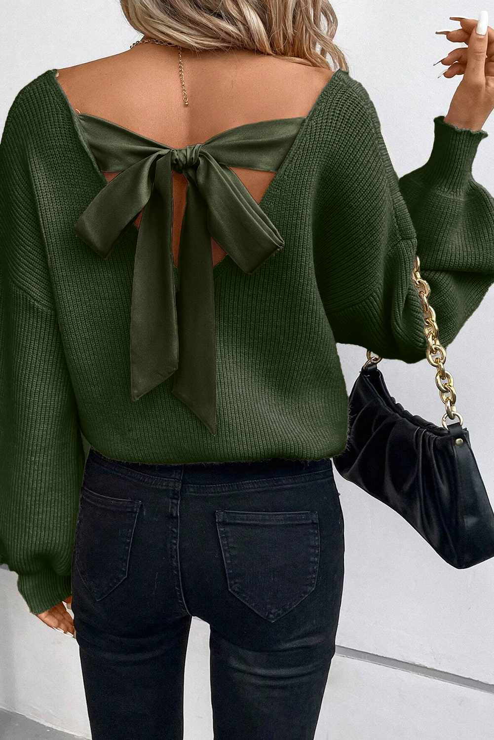 Racing Red Lantern Sleeve V Neck Knot Back Sweater - loveforevers