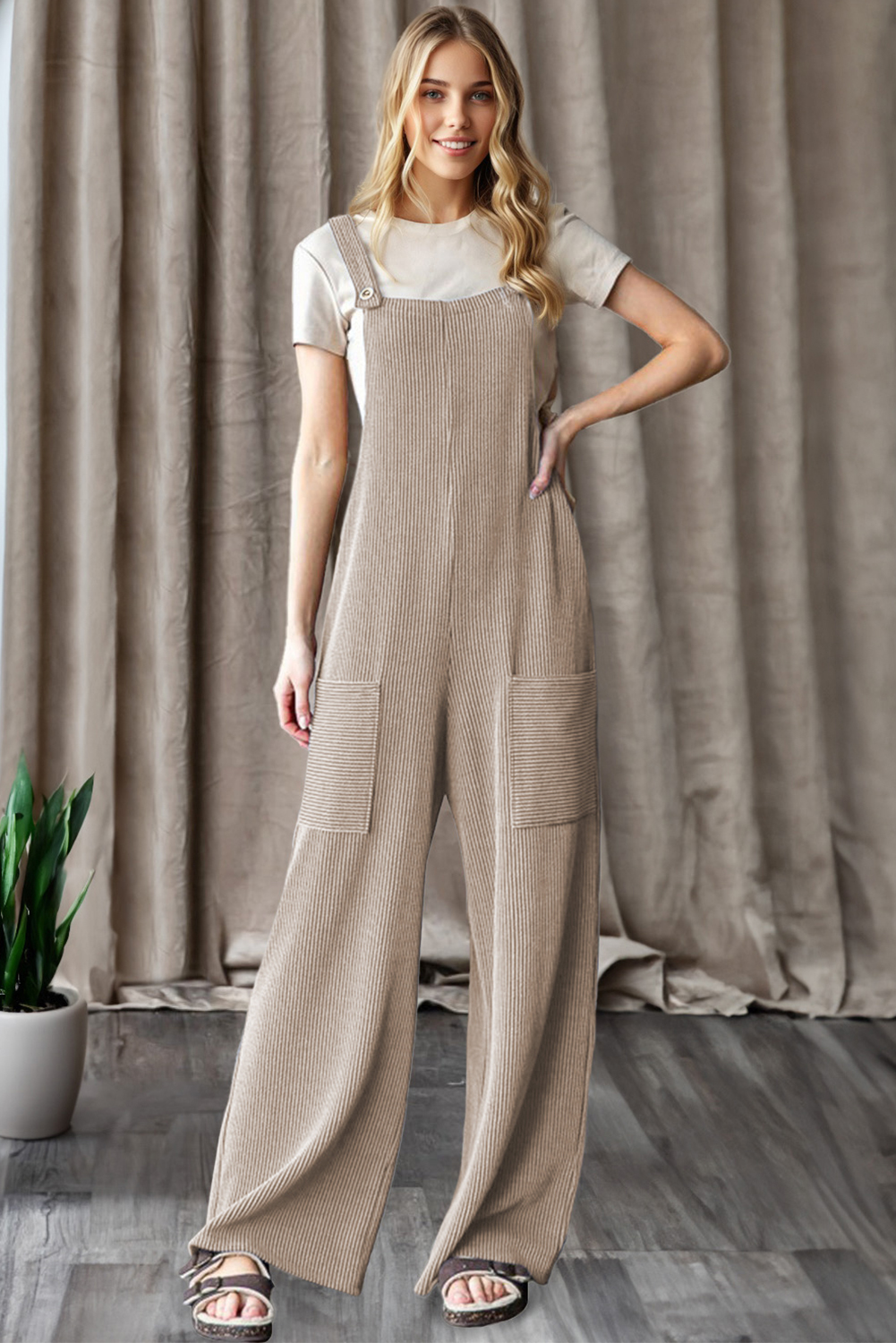 Dark Grey Ribbed Knit Patched Pocket Wide Leg Overalls - loveforevers