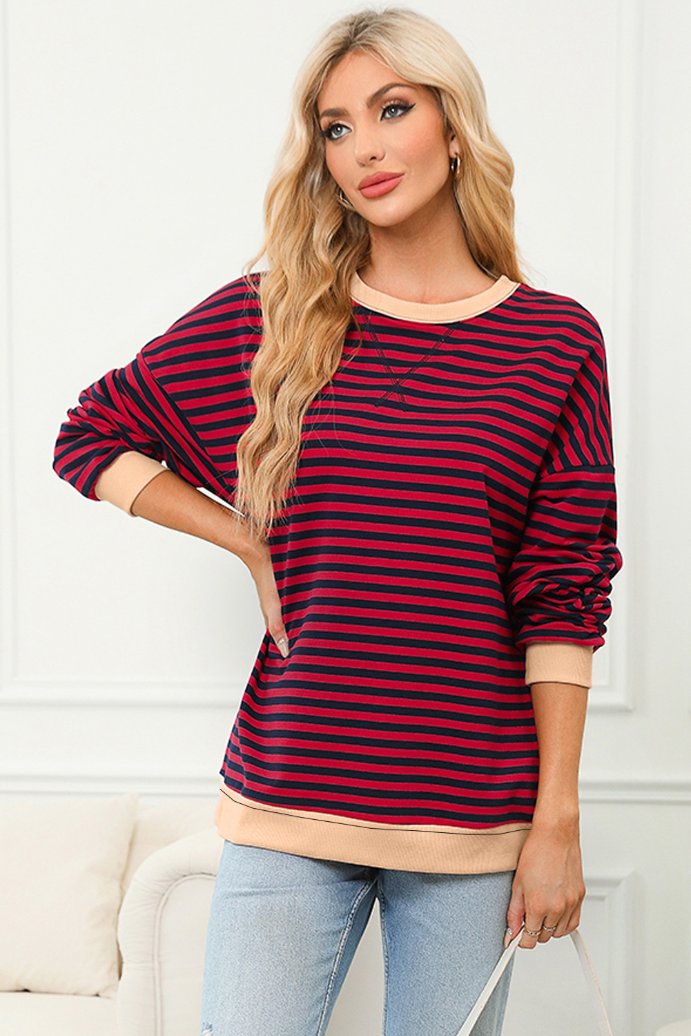 Red Stripe Contrast Ribbed Trim Crossed Stitch Drop Shoulder Sweatshirt - loveforevers