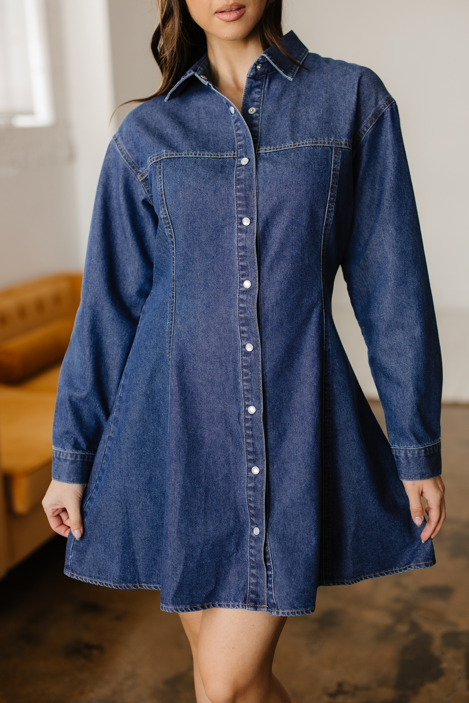 Ashleigh Blue Denim Shirt Collar Long Sleeve Flared Mini Dress - loveforevers