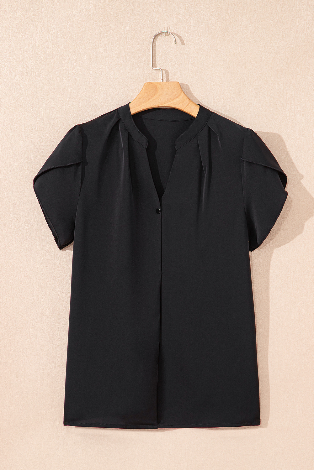 Black Silky Notched Neckline Petal Sleeve Blouse - loveforevers