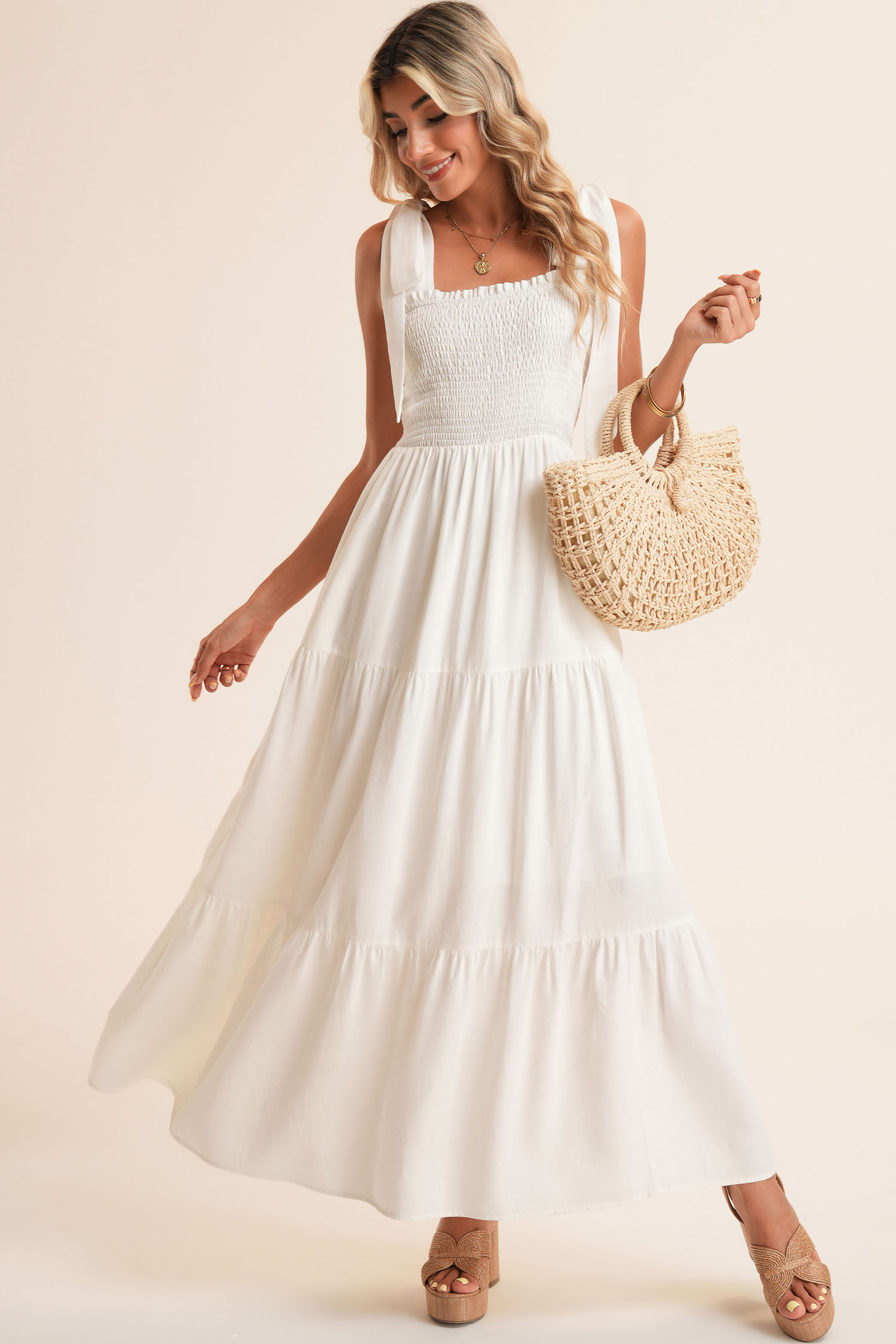 White Customizable Knot Straps Smocked Bodice Tiered Blank Maxi Dress - loveforevers