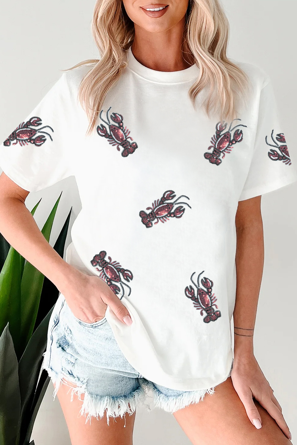 White Sequined Lobster Crewneck Tee - loveforevers