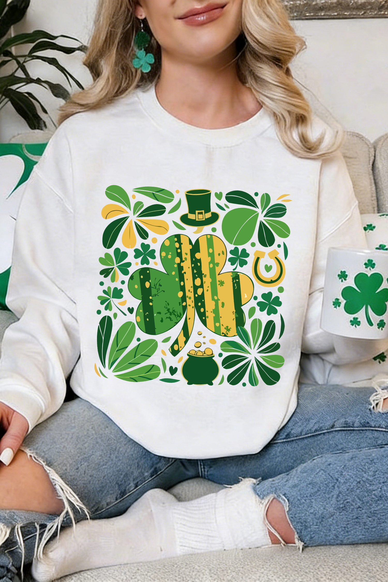White St Patricks Day Clover Clipart Graphic Sweatshirt - loveforevers