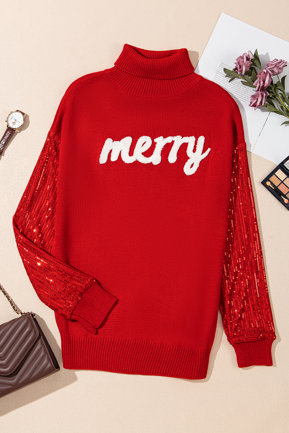 Racing Red Merry Graphic Sequin Sleeves Christmas Turtleneck Sweater - loveforevers